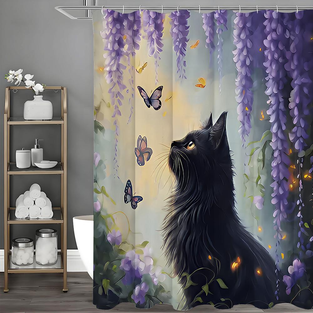

Черная кошка, глициния, бабочка, занавеска для душа, декоративная занавеска для душа для ванной комнаты, водонепроницаемая занавеска для душа с крючками 90*180cm