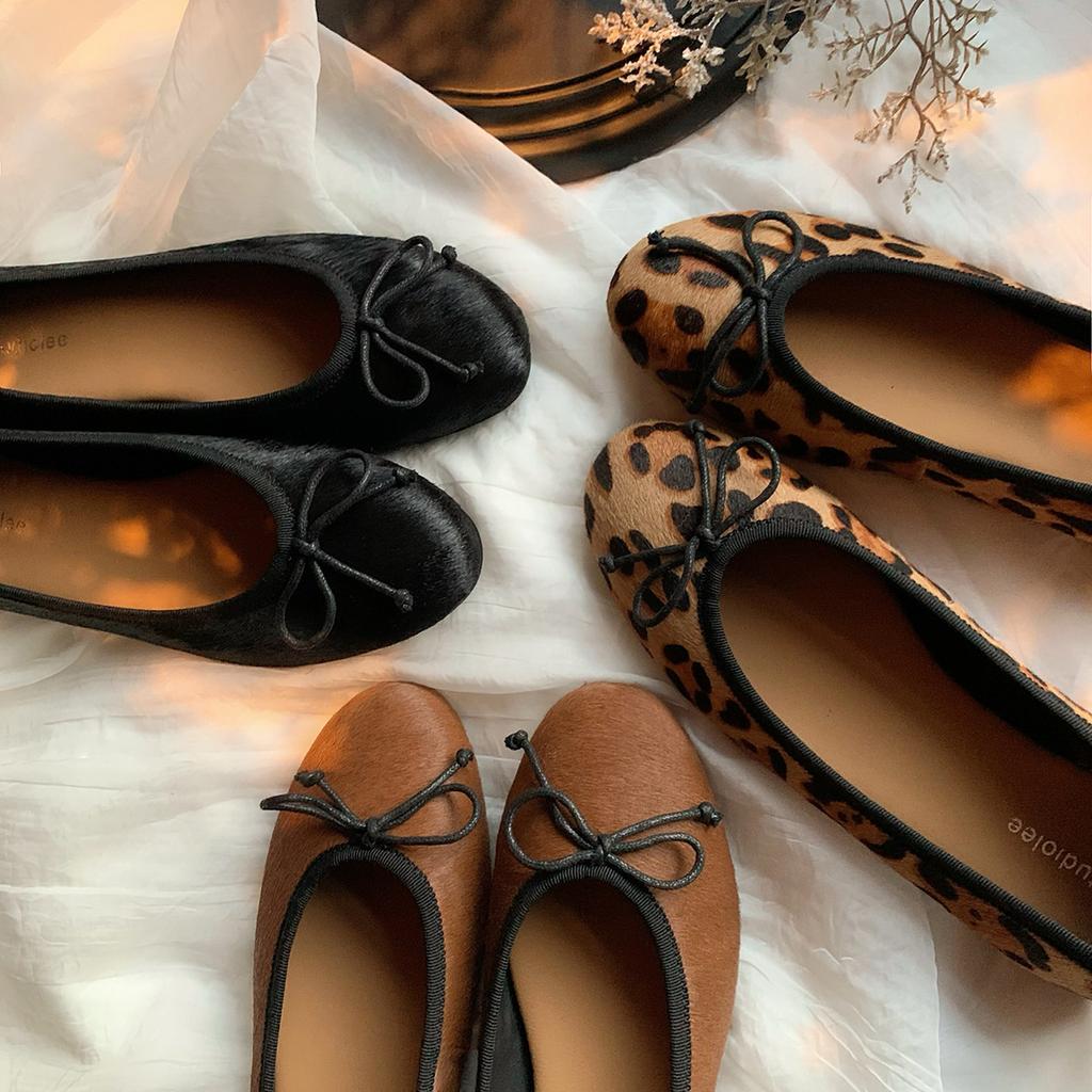 Sheepskin version~ Leather round head light mouth versatile bow leopard print flat sole shoes women's Mary Jane ballet shoes ladyshoes