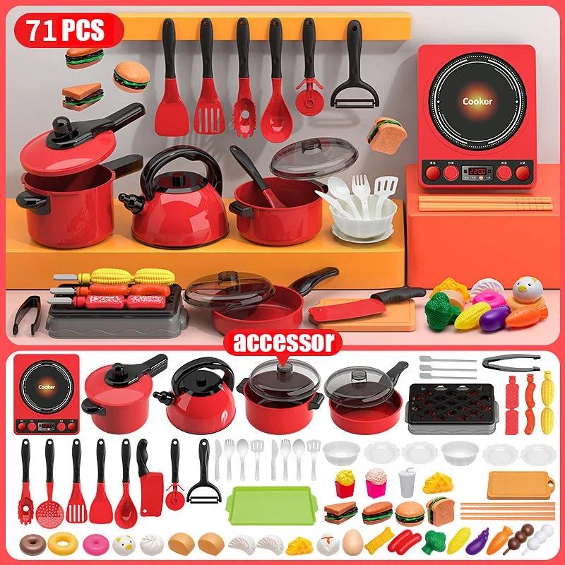 Kids Toys Pretend Play Red Kitchen Toys Simulation Food Cooking Girl's Boys Educational Play House Interactive Toys for Children