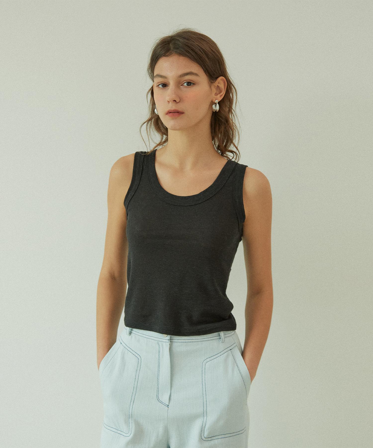 Pin Black Linen U-Neck Sleeveless (3Color) Black/Free