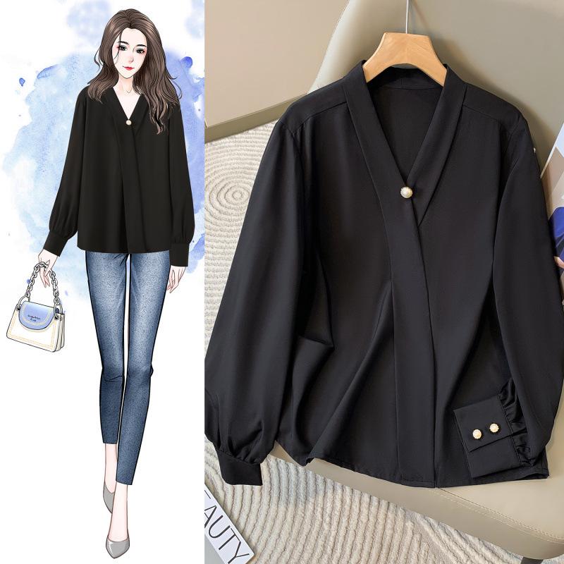 Elegant Plus Size V-Neck Long-Sleeved Shirt for Women - French Style 2026 Spring/Autumn XL чёрный