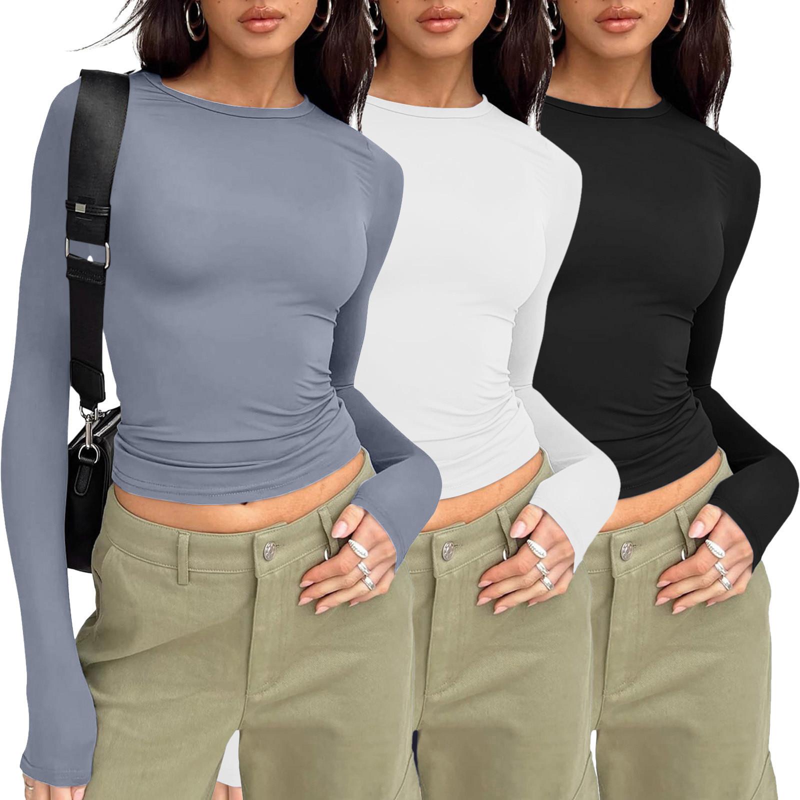

Women s Fashion Colour Casual Long Sleeve Pullover Bottom Shirt T-Shirt Tops Three Pack XS білий