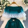 Elegant Gradient Shiny Pleated Dress Cape Shoulder Pearl Beads 3D Floral Applique Scalloped Waist Belt A Line Midi Dress
