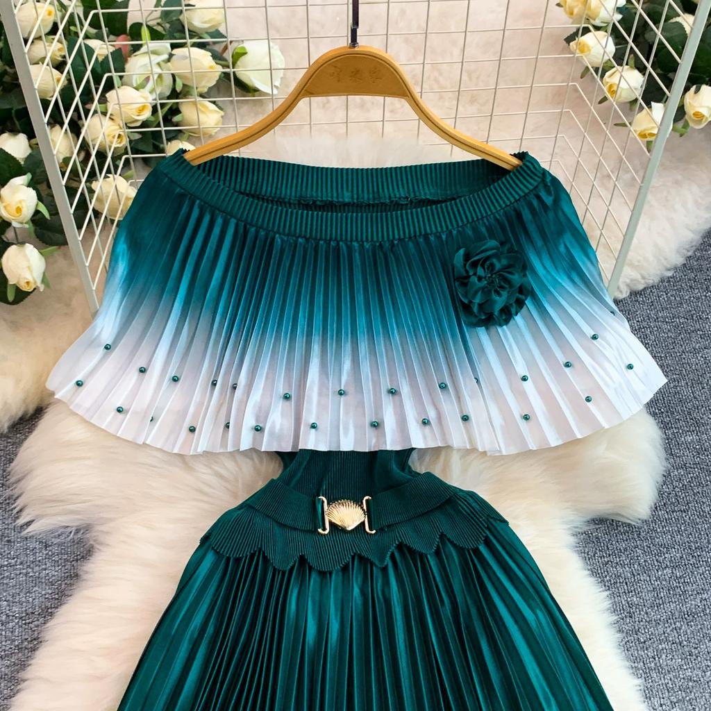 Elegant Gradient Shiny Pleated Dress Cape Shoulder Pearl Beads 3D Floral Applique Scalloped Waist Belt A Line Midi Dress