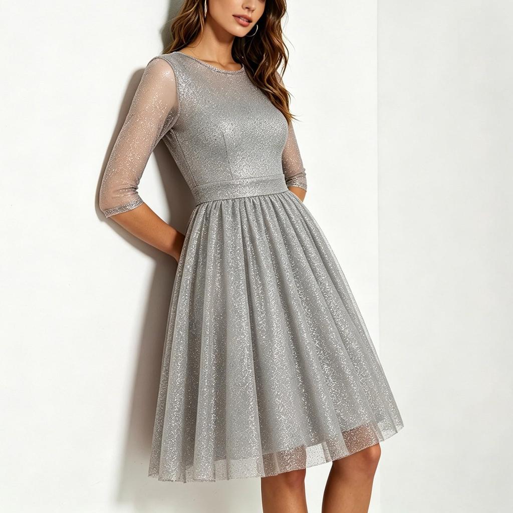 Abito Casual da Donna alla Moda con Scollo Rotondo, Maniche a Palloncino, Linea ad A, Sovrapposizione in Rete e Lunghezza al Ginocchio per l'Uso Quotidiano