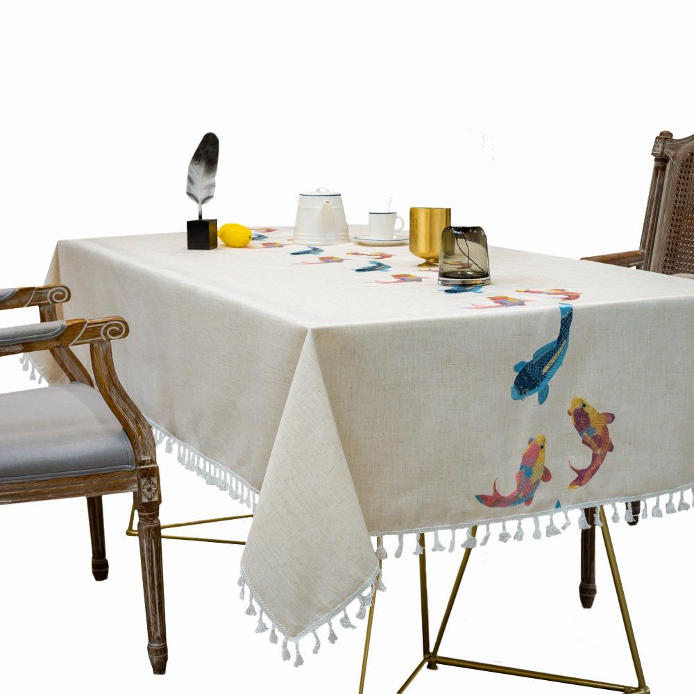 Cotton And Linen Tablecloth Fish Pattern Embroidery Fabric Fringed Lace Dust-Proof Household Cloth Spot