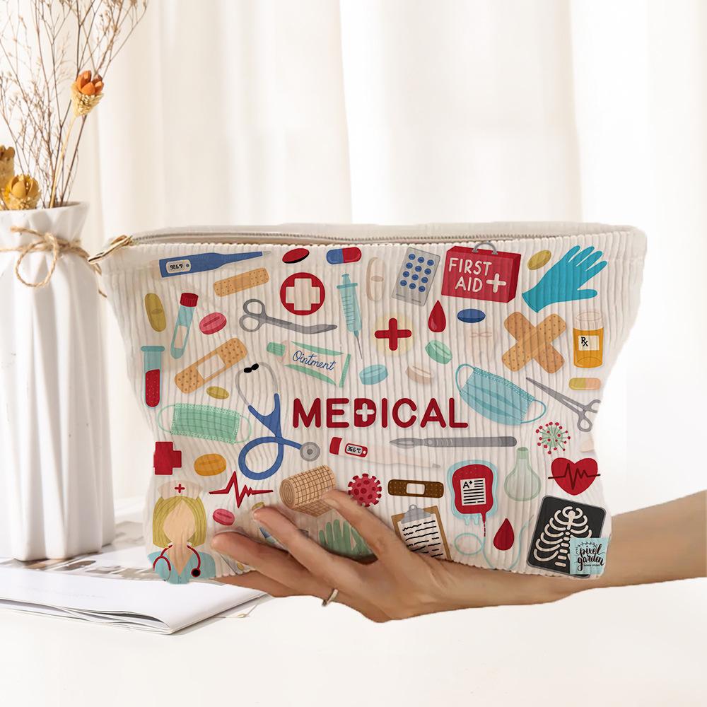 Medical Graffiti Printed Corduroy Makeup Bag, Lightweight Zipper Makeup Storage Box, Multi functional Bag with Lining