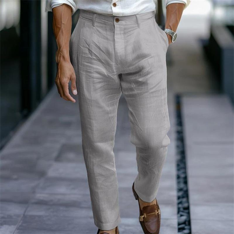 Men's Youth Linen Solid-Colour Slanted-Pocket Breathable Casual Trousers for Everyday Outdoor Wear
