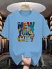 Men's Casual Loose 100% Cotton Summer Short Sleeve T-Shirt,New York Skyline Pattern Print,achine Washable Crew Neck Top