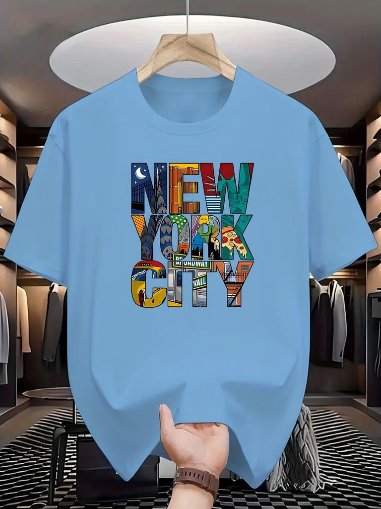 Men's Casual Loose 100% Cotton Summer Short Sleeve T-Shirt,New York Skyline Pattern Print,achine Washable Crew Neck Top