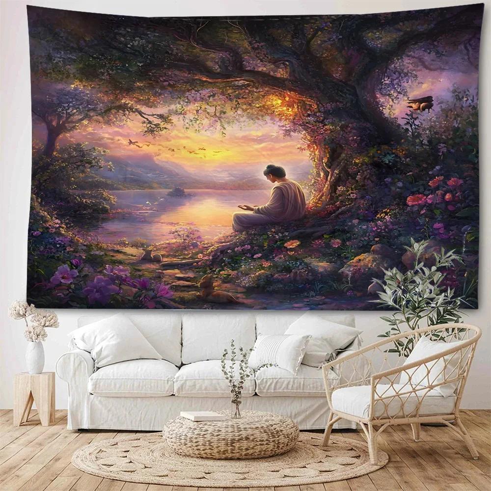 Enlightened Buddha Tapestry  Serene Meditation Under Sacred Tree  Unique Wall Art for Bedroom  Spirituality Lover Gift