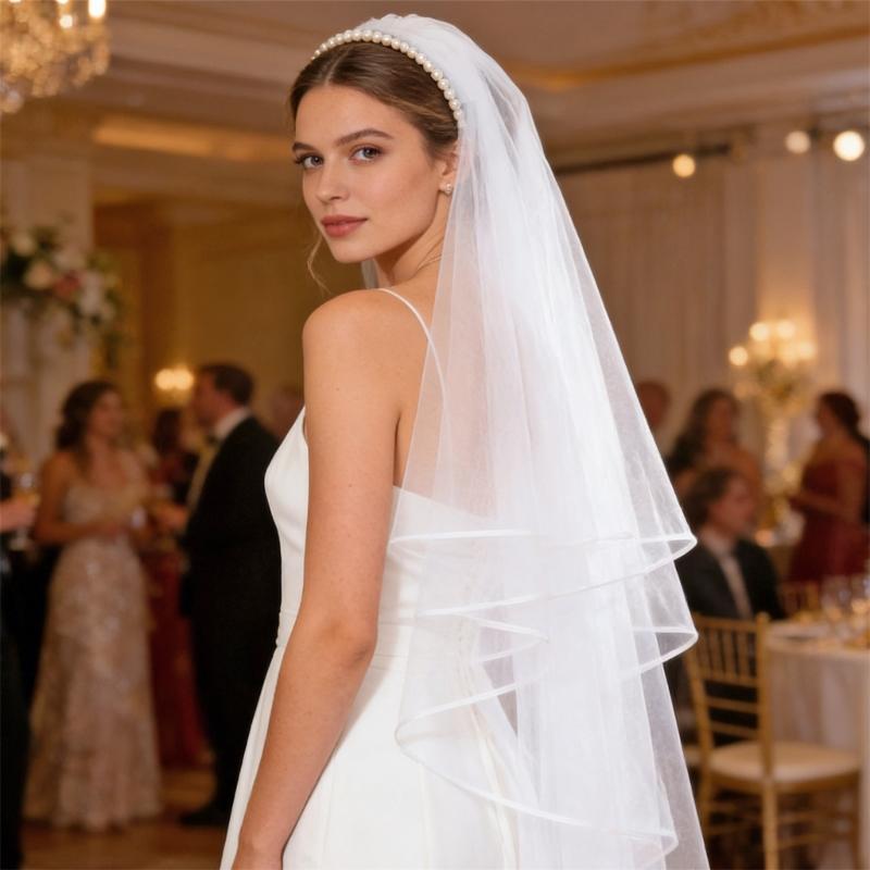 Delicate White Pearls Embellished Hairband Headdress Combined Veil For Bride Formal Event And Everyday Wear