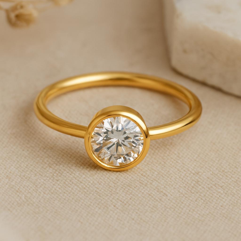 

Round Cut Solitaire Engagement Ring, Bezel Set Yellow Gold Plated Band, Minimalist Bridal Jewelry, Promise Ring for Her Q розовый