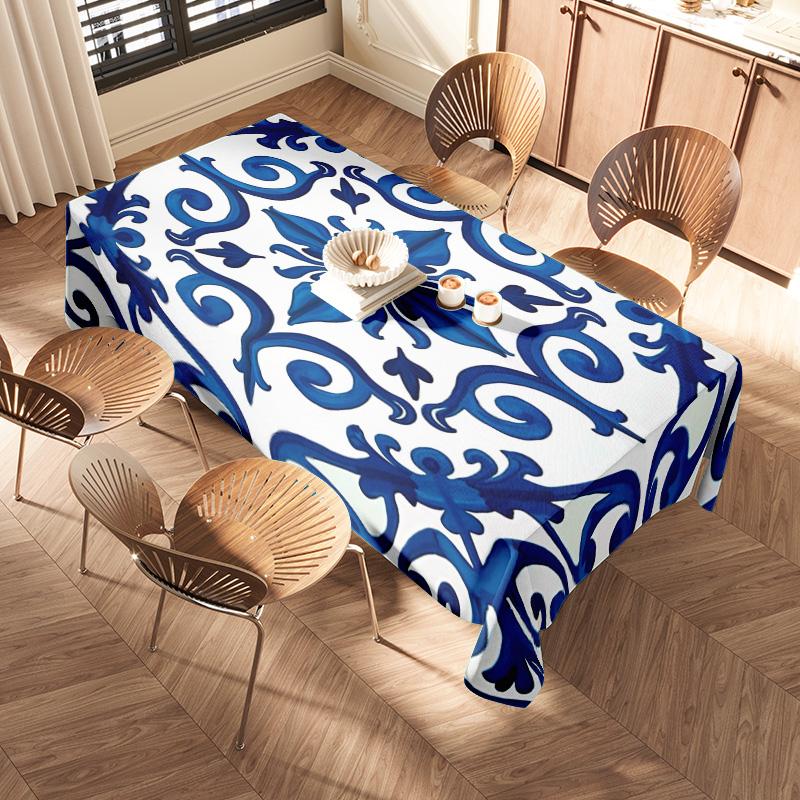 Blue White Floral Print Tablecloth For Dining Room Decor - Soft Washable Fabric With Frills Edges - Multiple Sizes Available