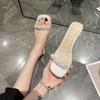 French thick heel cool slippers women's summer wear 2025 new fairy style pearl word with transparent crystal high heels