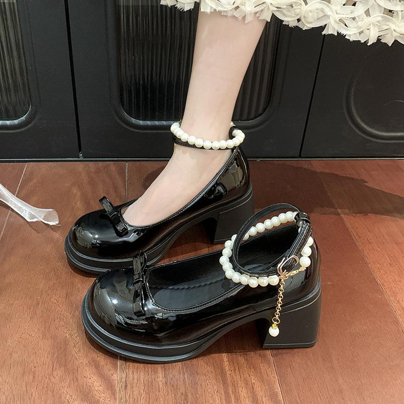

French Mary Jane small leather shoes women s skirt 2025 new summer versatile pearl bow thick high heel shoes 40 чёрный