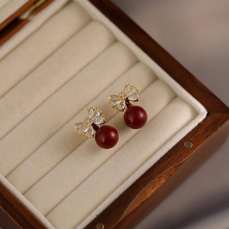 Silver Needle Red Geometric Stud Earrings - Korean Style Fashion Design for Women, High-End Exquisite Ear Jewelry