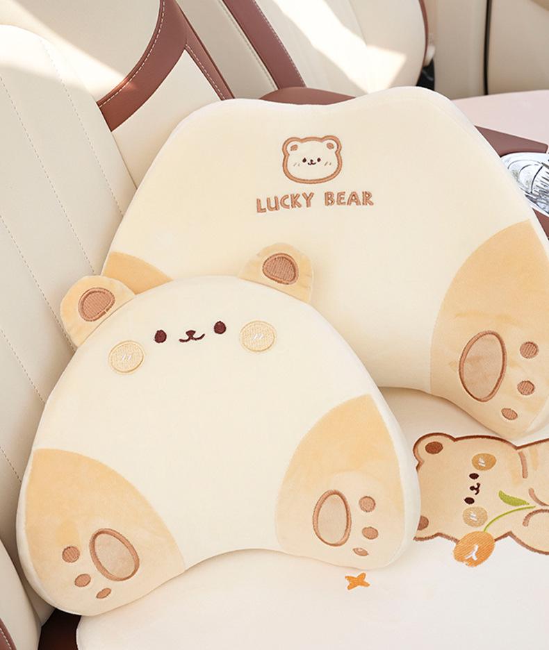 Car Headrest Neck Support Pillow Pair, Cute Bear & Rabbit Memory Foam Plush Lumbar Support Backrest.