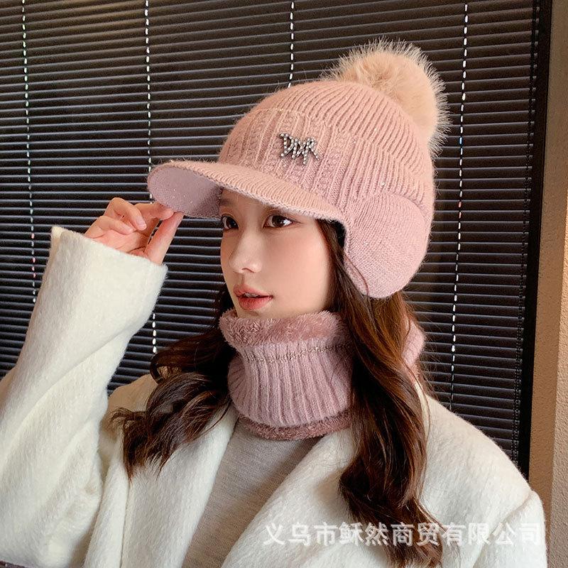Hat autumn and winter new cold-proof knitted hat scarf set women's cycling thickened ear protectors warm wool hat