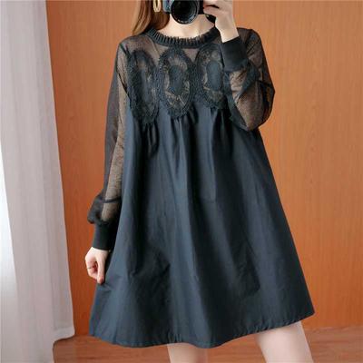 Plus-size Women's Lace Mesh Patchwork Loose-Fitting Slimming Mid-Length Long Dress for Plus-Sized Women with Solid Color Sleeveless Design