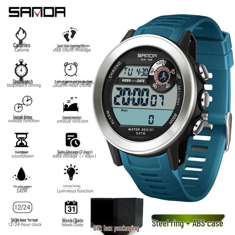 Sanda Multifunction Teen Sports Watch: Calorie Counter, Single Display, Pedometer, Waterproof.
