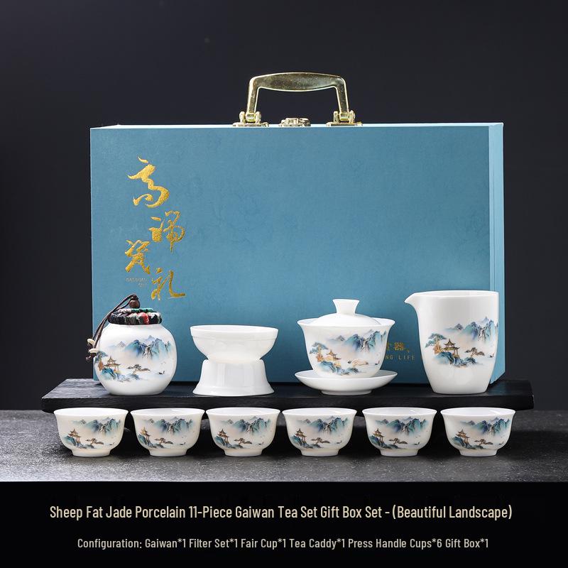 Luxury Jade White Porcelain Kung Fu Tea Set for Home or Office