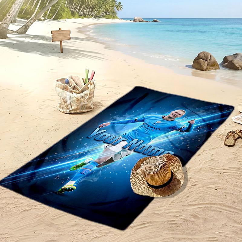 Asciugamano da Spiaggia Personalizzato Stampato Erling Haaland Logo Calcio Supporto Nome Personalizzato Testo Asciugamano Assorbente Per Sport Viaggio Regalo Speciale