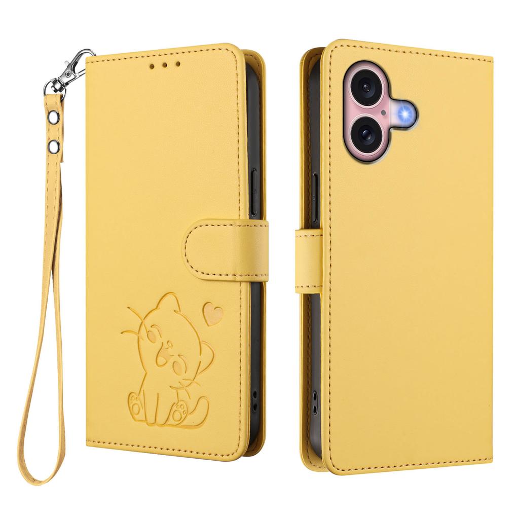 For iPhone 16 Wallet Case with Wrist Strap Love Cat Pattern Imprint Leather Phone Cover