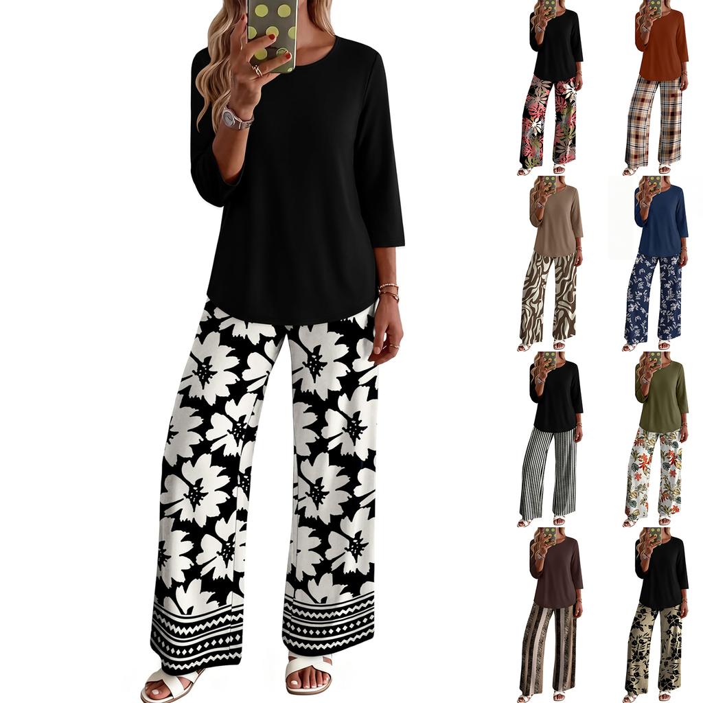 Women Casual Loose Fit Printed Three Quarter Sleeve Round Neck Top with Wide Leg Pants Two Piece Set Comfortable Relaxed Fit