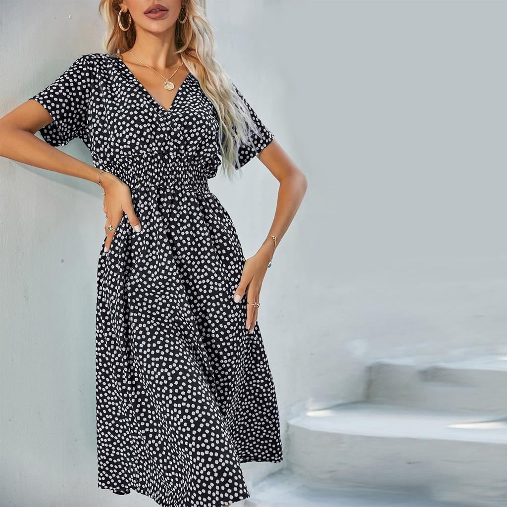 Women's Dresses Casual Small Floral Printed V-Neck Short Sleeve Dresses