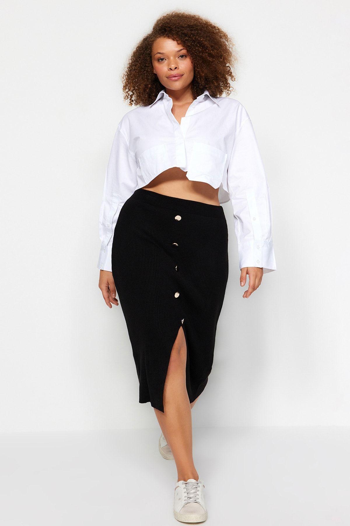 

Women s Style Plus Size Black Gold Button Detailed Corded Knit Skirt 2XL