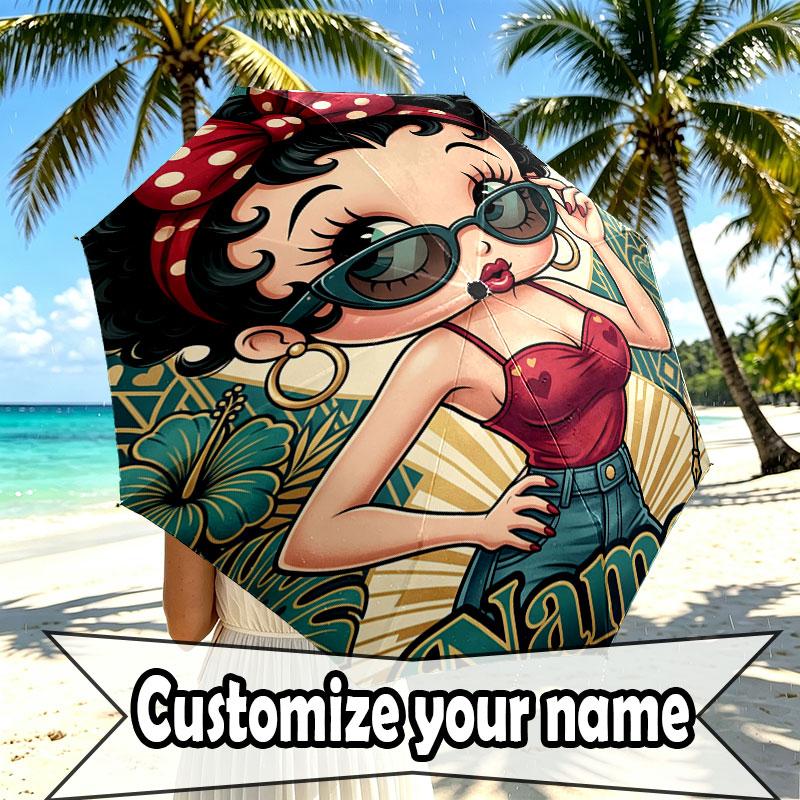 Spersonalizowany Parasol z Nadrukiem Betty Boop z Imieniem, Automatyczne Otwieranie i Zamykanie, Wytrzymały Stelaż z 8 Żebrami, do Codziennego Użytku, na Kemping i Piesze Wycieczki, Prezent Urodzinowy