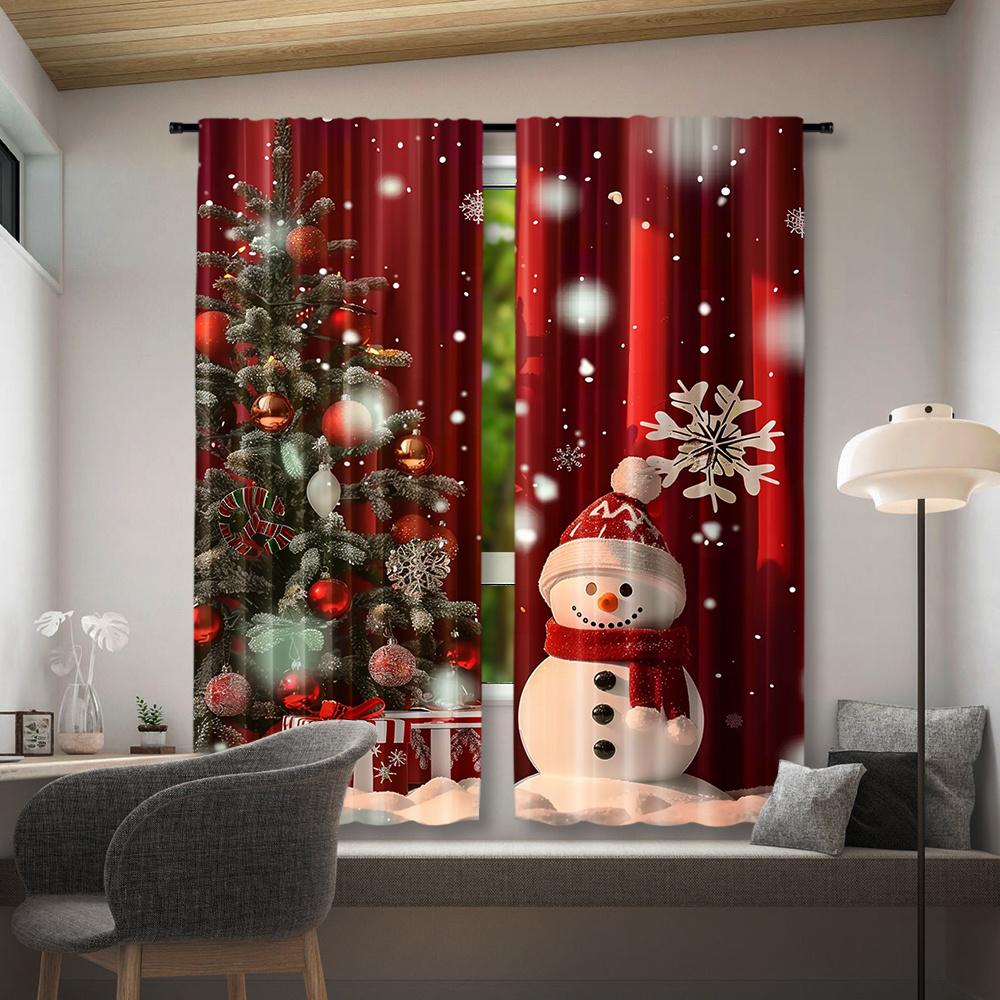 2pcs Festive Snowman Curtains - Christmas Window Treatment with Red Snowflakes & Snowmen   Rod Pocket Design   Polyester Material
