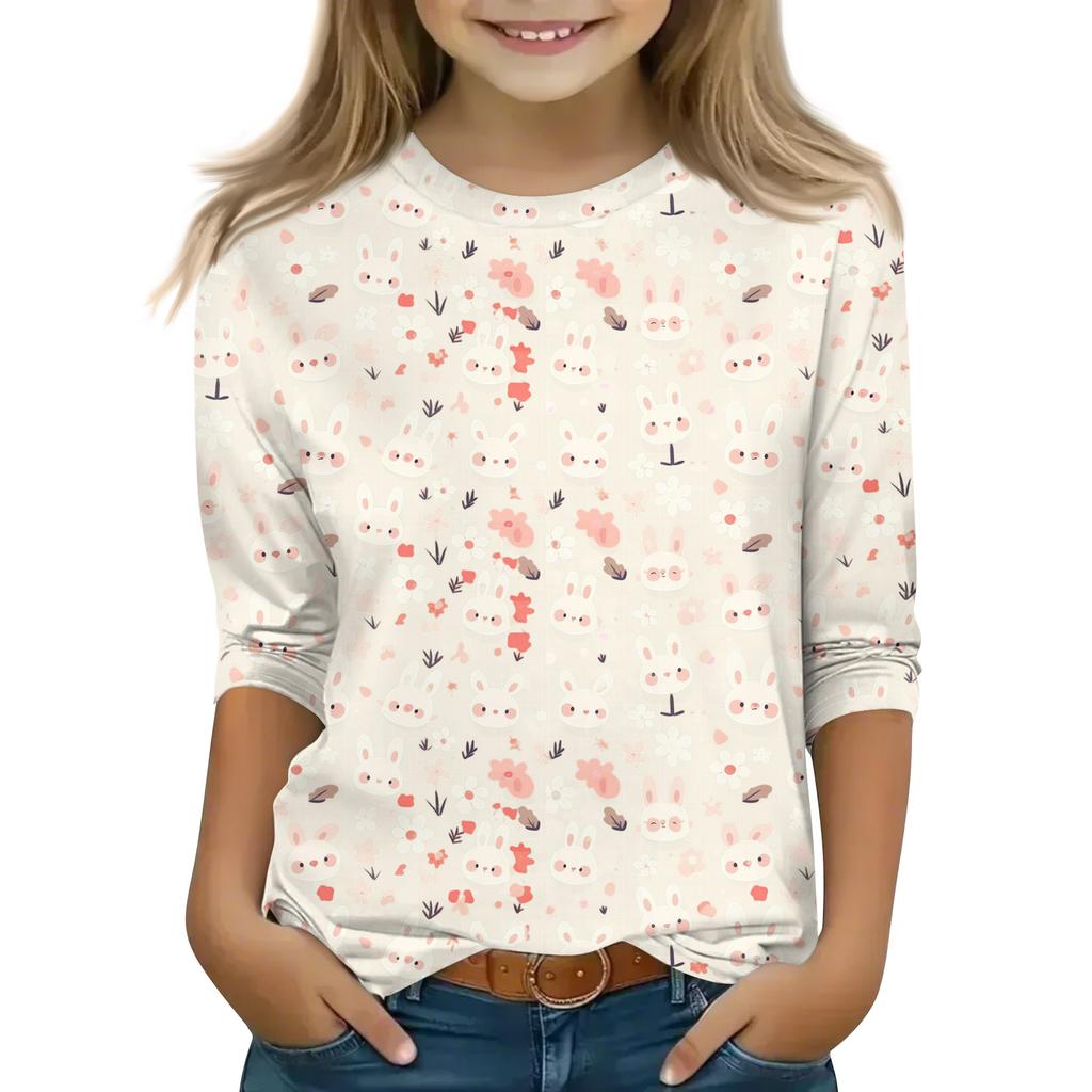 Print Tops For Youth Girls Round Neck 3/4 Sleeves T-Shirts Trendy Tops Outfit Tees