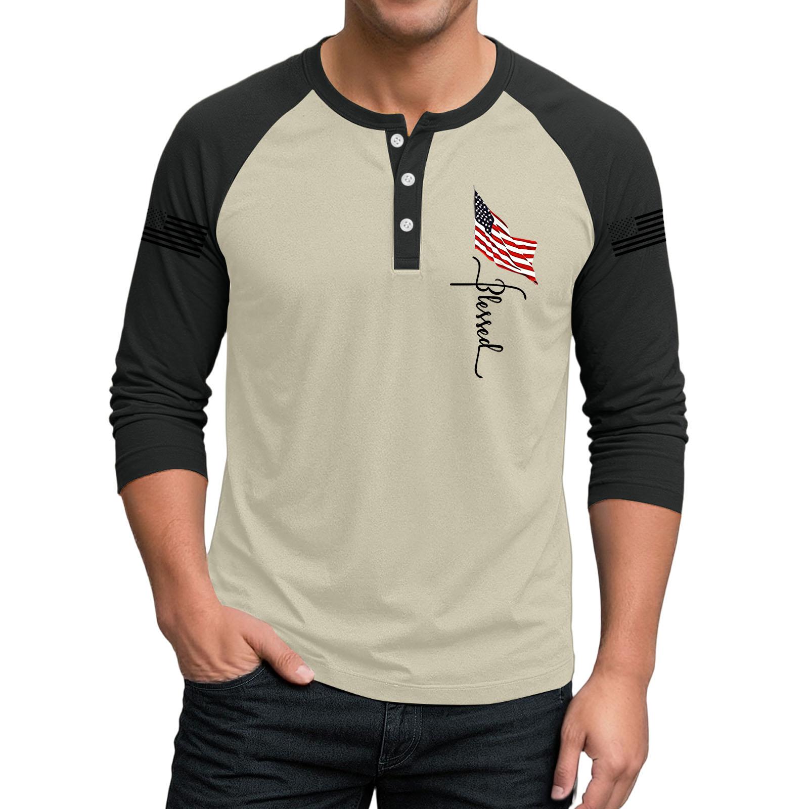 

Men s Button-Down Contrast Raglan 3/4 Sleeve Top L бежевый