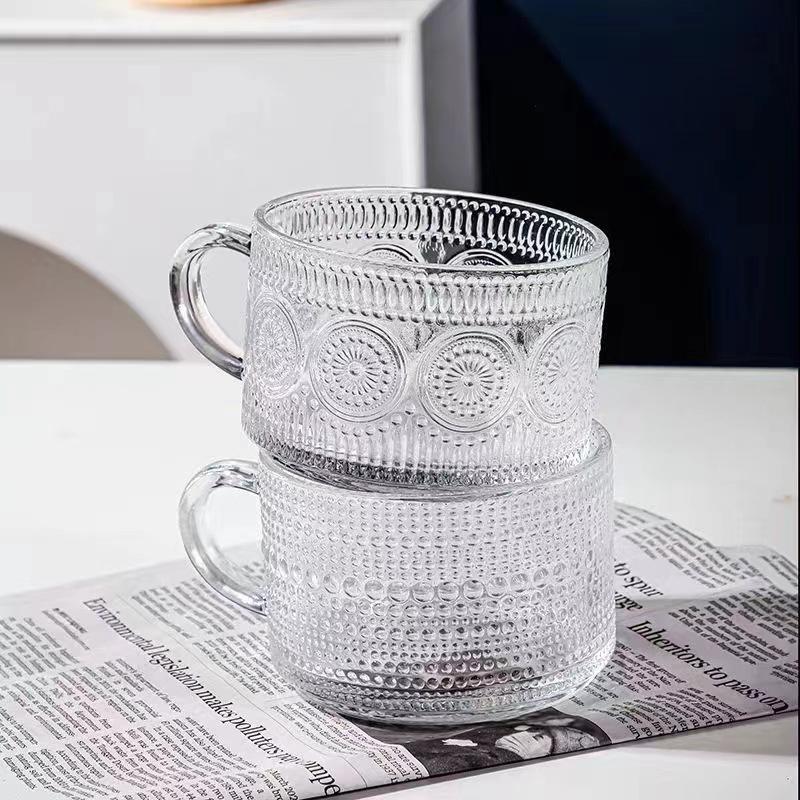 Glass Breakfast Cup with Handle, Oat Cup, Household Transparent Relief Glass Cup, Yogurt Cup