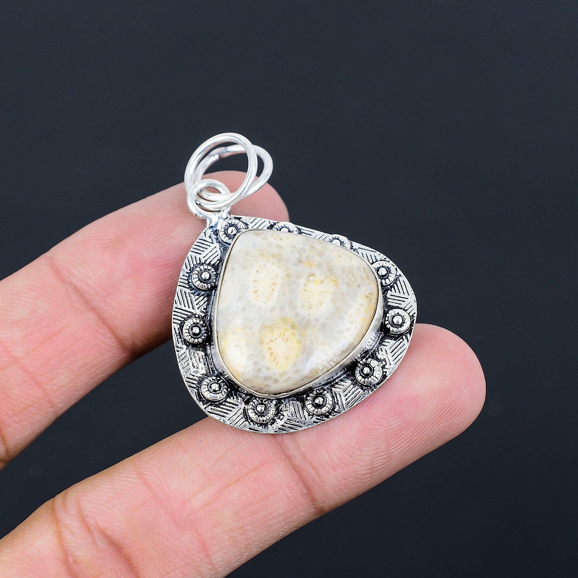 Friendship Day Deal 925 Sterling Silver Fossil Coral Gemstone Engagement Pendant