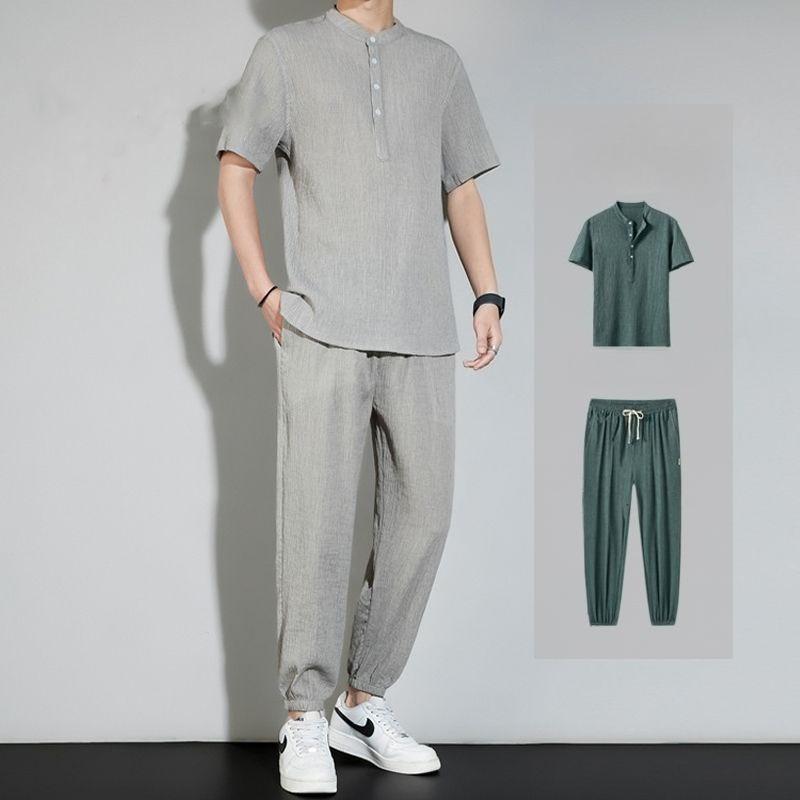 

Plain Man Trousers Sets Linen T-shirts Pants Suits for Men Loose Tee Stretch Novelty in Regular Fit Casual Basic S