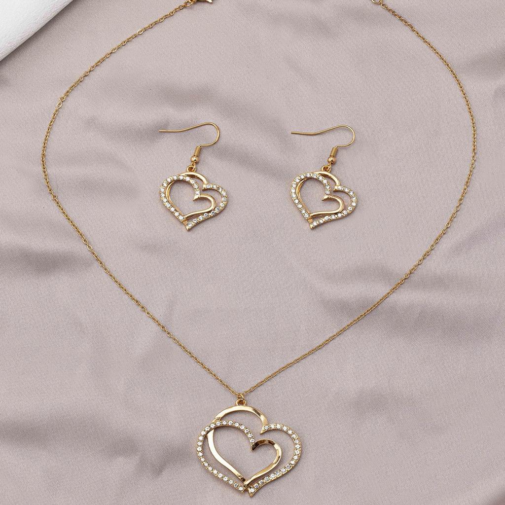 Women's Jewelry Set Double Heart-Shaped Glass-Inlaid Rhinestone Necklace and Earring Set Suitable for Daily Wear and Holidays Without Box