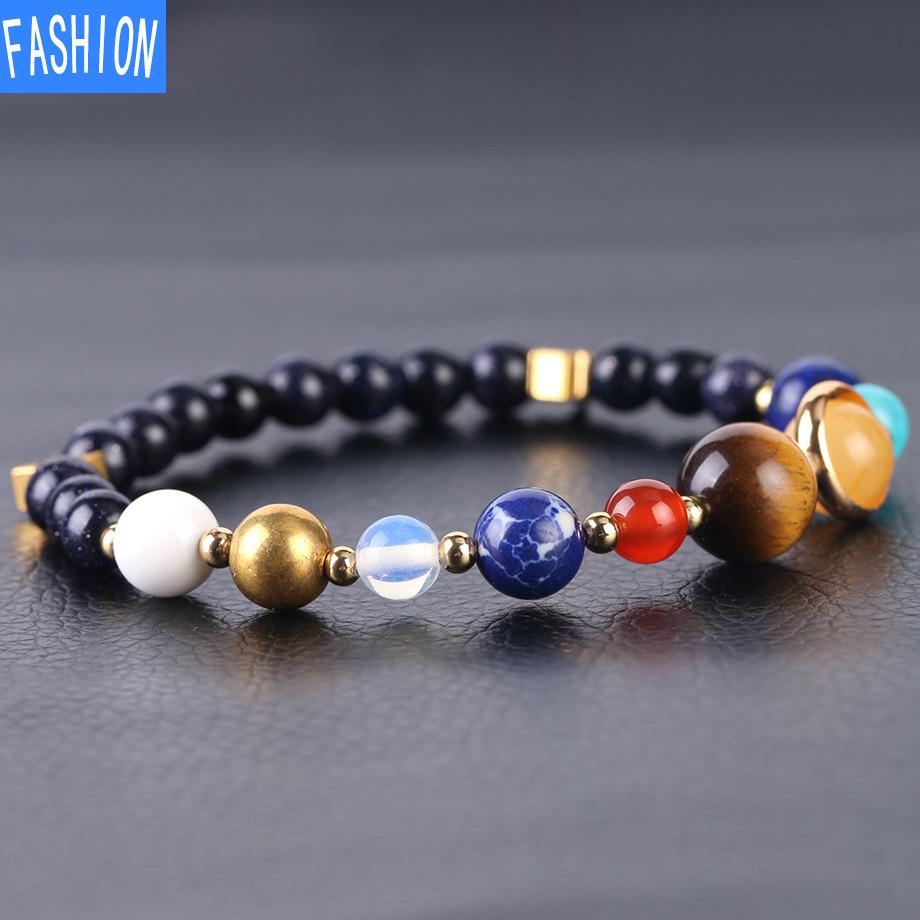 Natural 6mm Blue Sandstone Universe Galaxy Solar System Jewelry Guard Star Stone Beads Elastic Bracelet