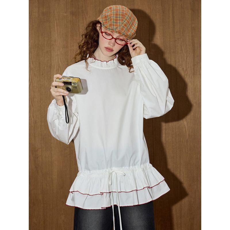 Coolhut Color-Blocked Lace Hem Stand-Up Collar Long-Sleeve Sweet Loose Patchwork 2025 Autumn Women's Shirt with a Sense of Design