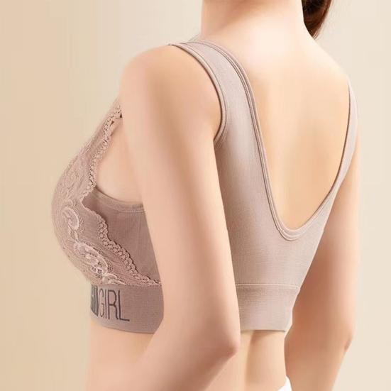 Women Fashion Breathable Wide Shoulder Straps V-shaped Beauty Back Anti Sagging Padded Sports Bra Lace Sweet Stitching Push Up Seamless Wireless Bra