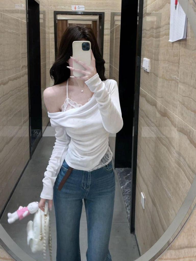 French White Lace Asymmetrical Off-Shoulder Long Sleeve Cotton T-shirt
