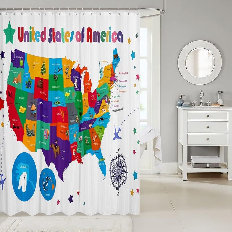 American Map Pattern Bath Curtain Map Printed Shower Curtain for Kids Cartoon Animals Bathroom Shower Curtain Set Distribution