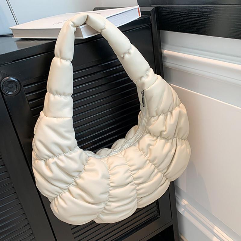 Quilted Padded Crossbody Bag for Women Ruched Shoulder Cloud Bag PU Leather Half Moon Hobo Bag Bubbles Handbag Purses AVE