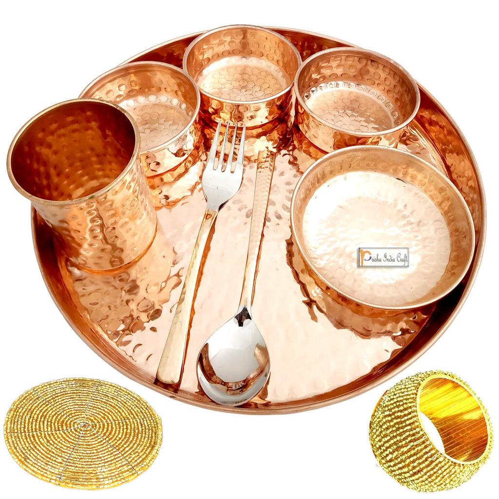 Prisha India Craft Hammered Design, Thali sada na večeři z čisté mědi, 16 kusů, servis pro 2