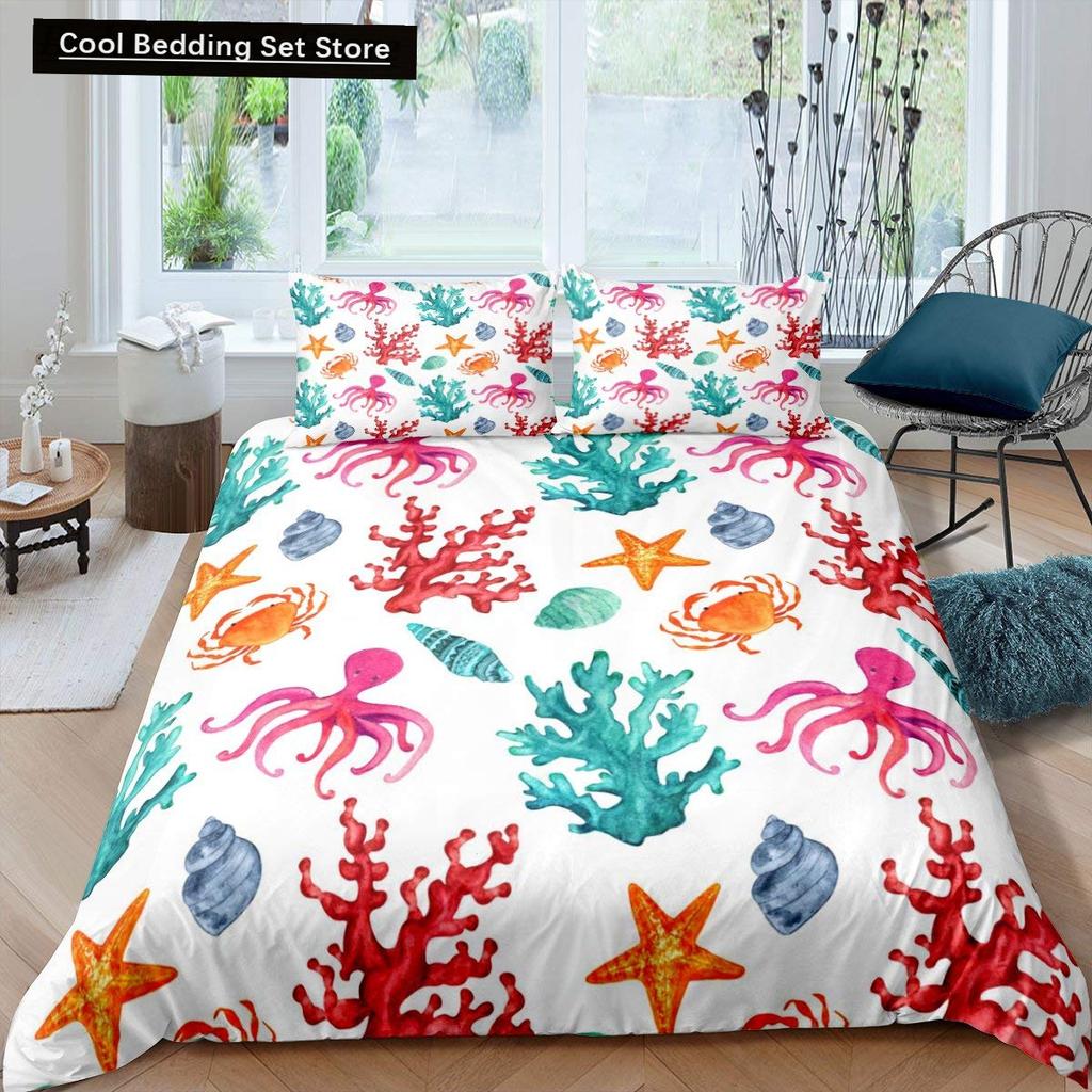 Kids Cartoon Ocean Animal King Queen Bedding Set Underwater World Duvet Cover Marine Life Quilt Cover Polyester Comforter Cover