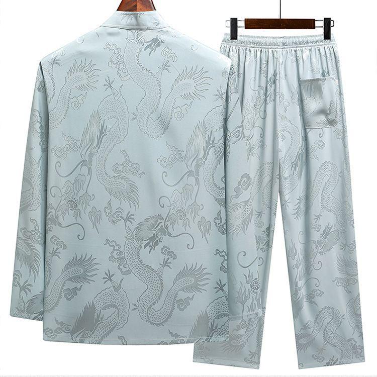 Chinese Style Long Sleeve Tan Men's Ice Silk Spring Summer Season Middle Aged Elderly Hanfu