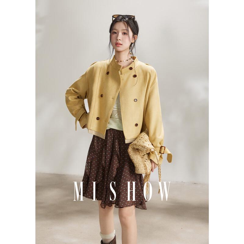 Women s Yellow Retro Faux Suede Double-Breasted Short Trench Coat M