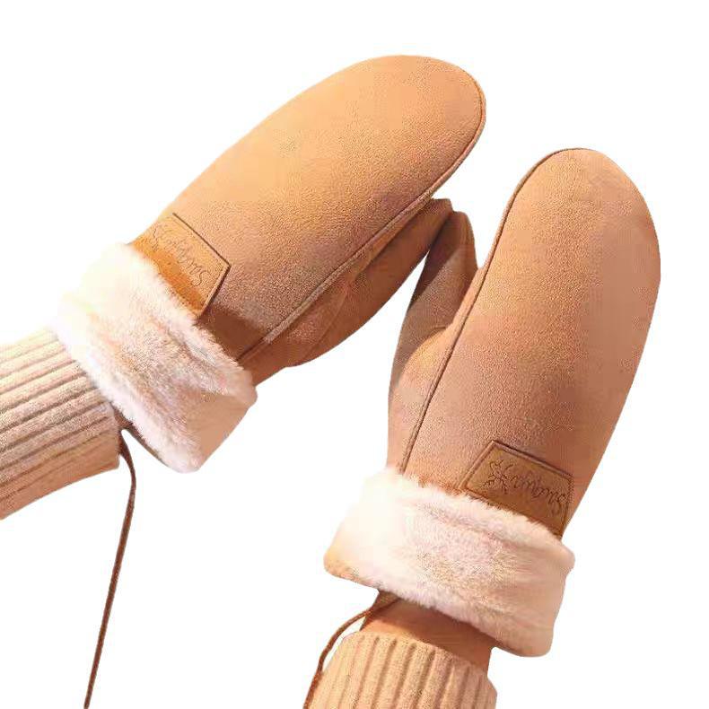 Women's Suede Winter Gloves, Warm and Windproof with Velvet and Hanging Neck Design.